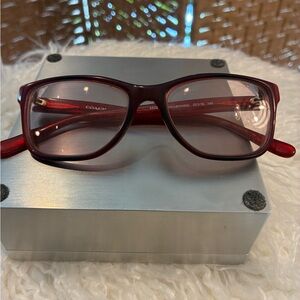Coach Red Eyeglasses and Coach case, tiny scratch on right arm. Arms straight